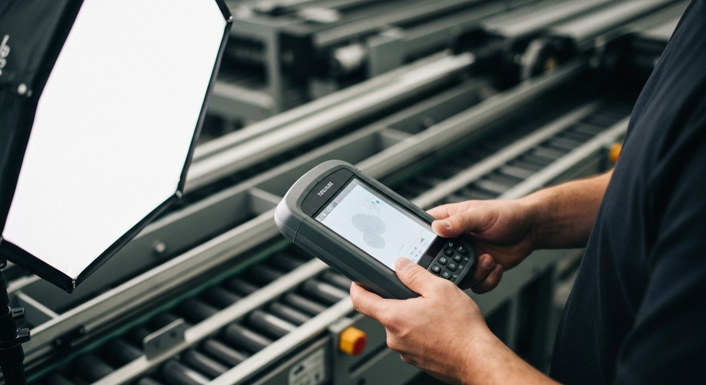Sorting Facility Technology and Accuracy Close-up of a warehouse worker's hands using a professional barcode scanner near a mechanical conveyor belt.