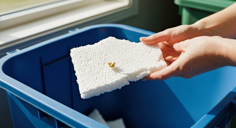 Close-up of hands holding white polystyrene packaging over a recycling bin.