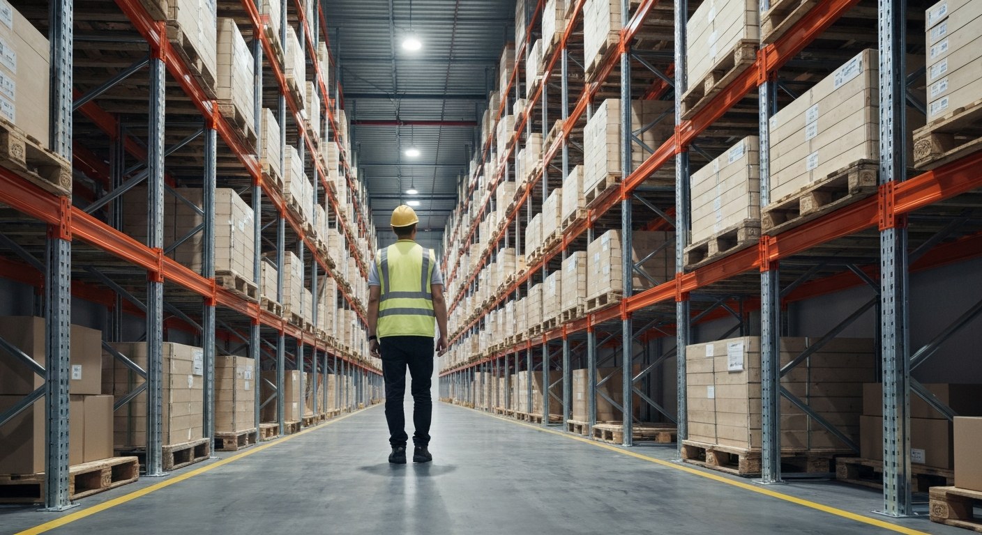 A wide view of a modern distribution warehouse with tall storage racks and a worker in a safety vest.