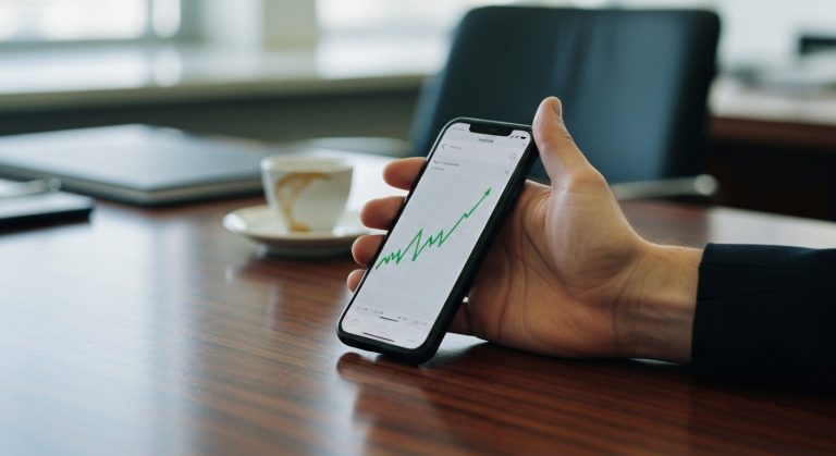 A close-up of a hand holding a smartphone showing a stock market graph on a wooden desk in a modern office.