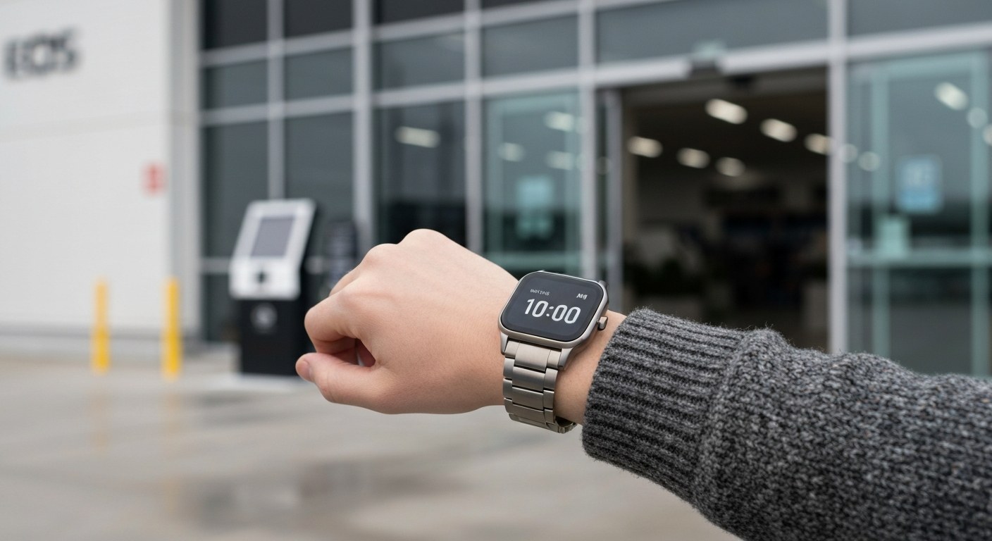 Standard Membership Opening Hours Close-up of a person checking a smartwatch at ten AM in a warehouse lobby setting.