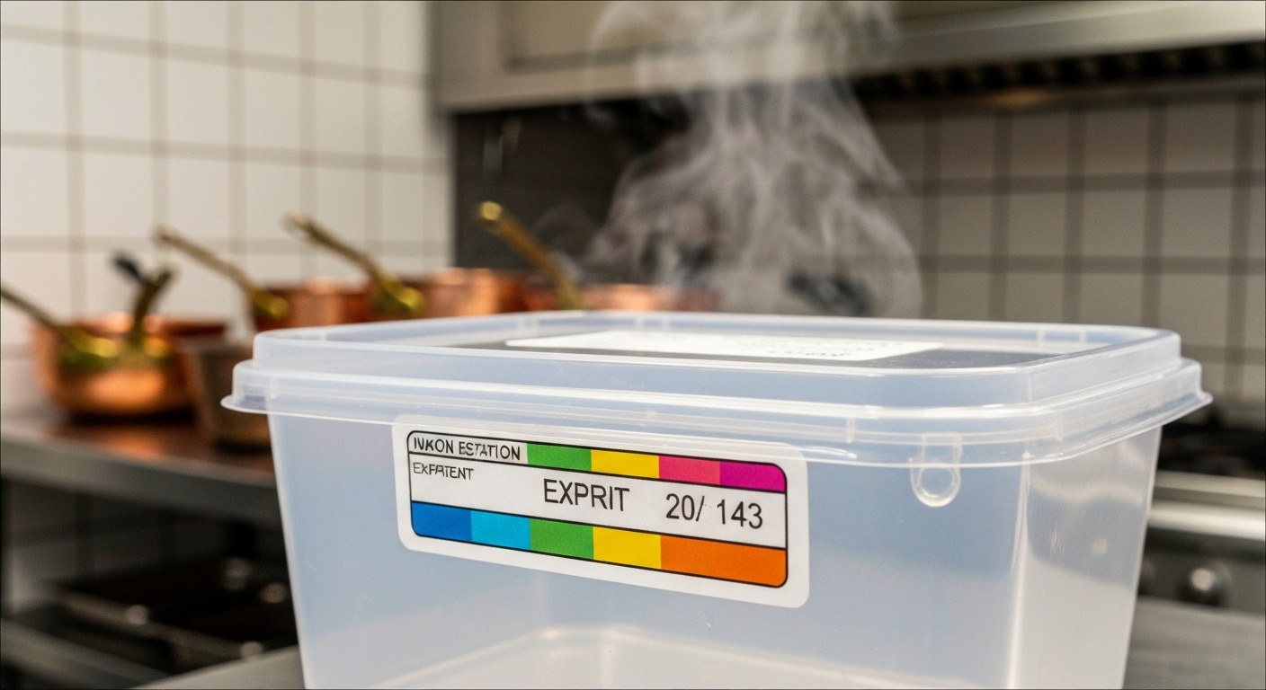 Kitchen Labeling Standards for Food Safety A close-up of a clear food container with a color-coded expiration date label in a professional kitchen.