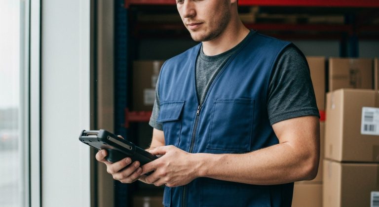A warehouse worker in a blue vest looks at a handheld digital scanner in a softly lit loading bay.