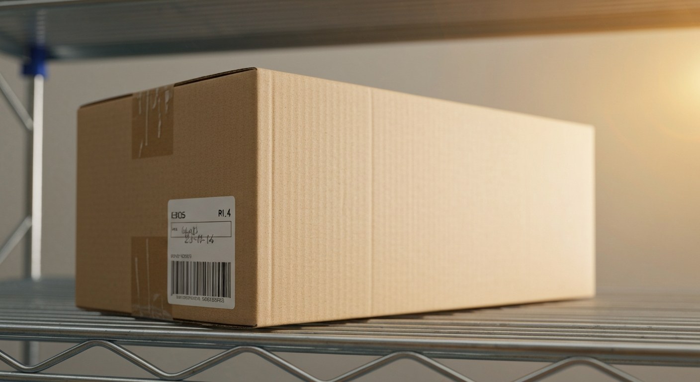 Secure Warehouse Storage and Inventory Holding A close-up of a single cardboard box sitting on a metal warehouse shelf with a shallow depth of field.