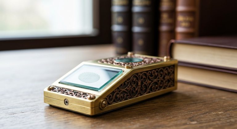 Close up of a handheld brass and copper steampunk device resting on an old wooden desk with books in the background.