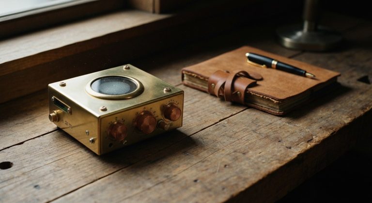 Close-up of a brass steampunk communicator and a leather journal on a wooden desk with soft window light.