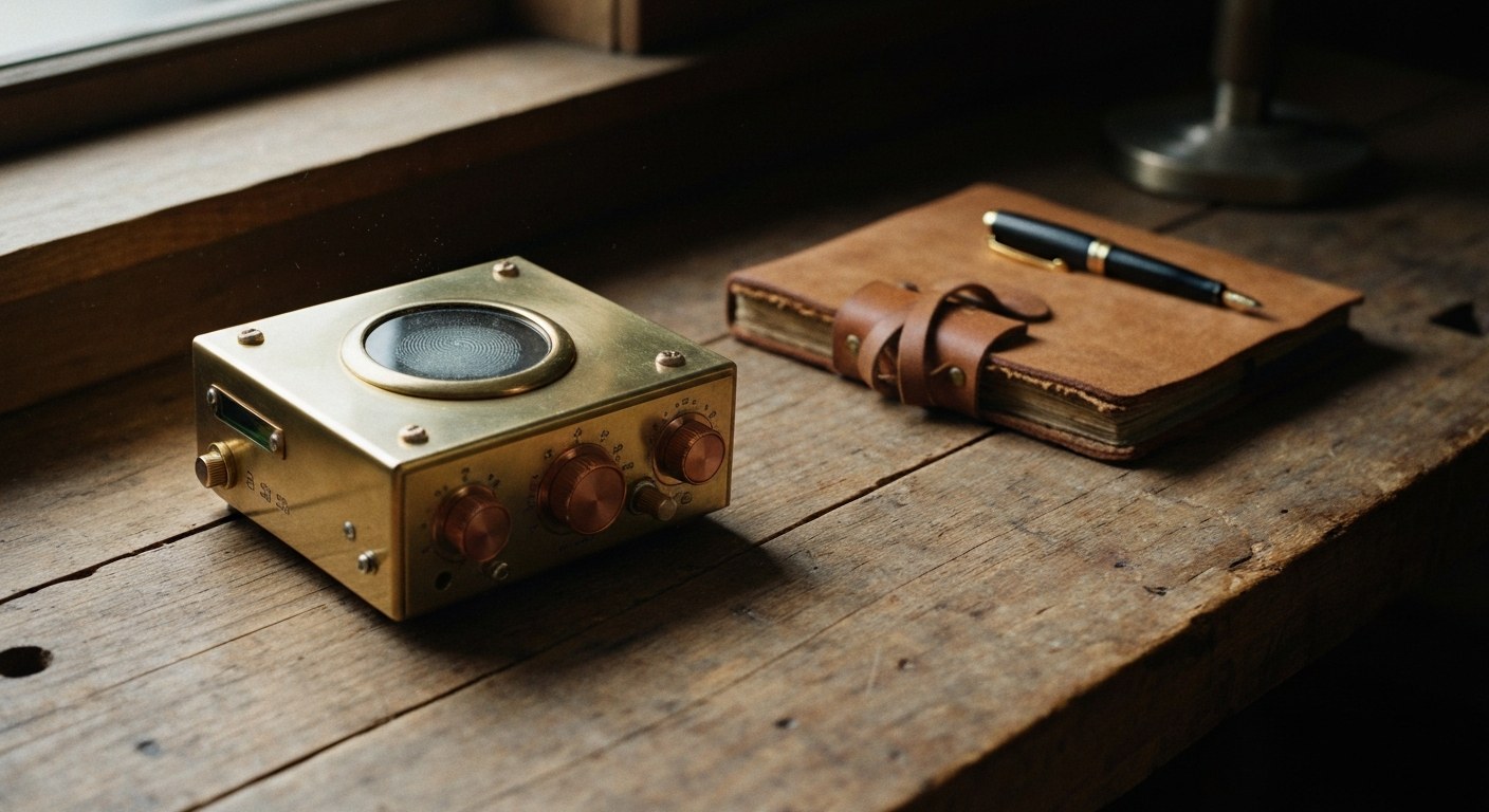 Close-up of a brass steampunk communicator and a leather journal on a wooden desk with soft window light.