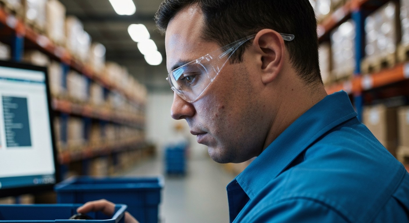 Warehouse Associate Performance Monitoring Profile view of a focused warehouse associate working at a computer terminal in a distribution center.
