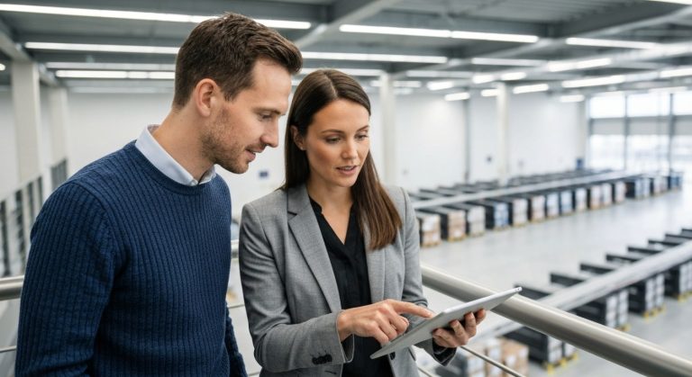Two logistics managers in a modern office looking over a large, clean warehouse floor with automated shelves.