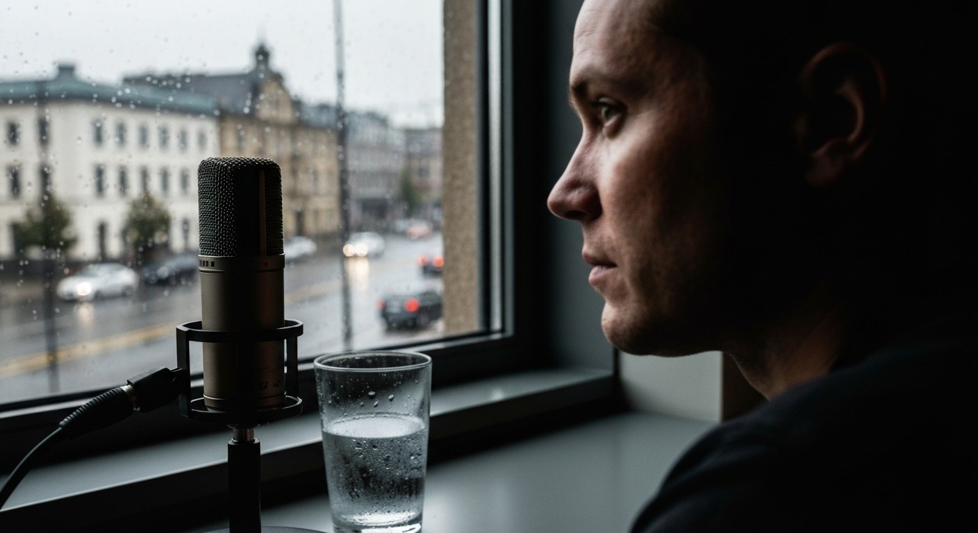 A person looking out a window in an office, preparing for a professional communication, with a desk in the foreground.