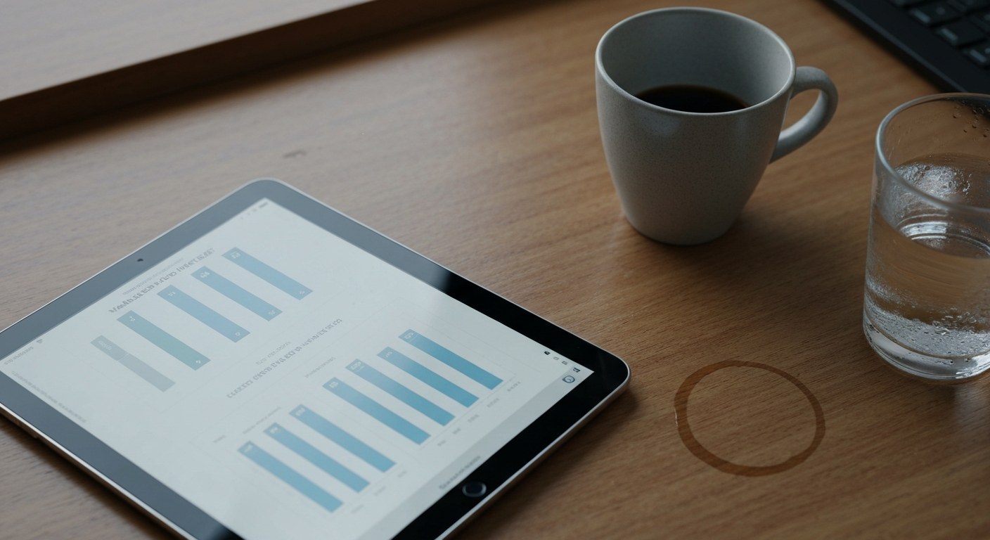 A close-up of a tablet with data charts and a coffee mug on a wooden desk in a warehouse office.