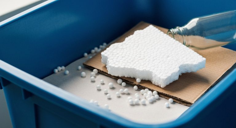 How to Dispose of Styrofoam (2026 Rules) 8 A close-up of broken styrofoam pieces contaminating a blue recycling bin filled with cardboard and a glass bottle.