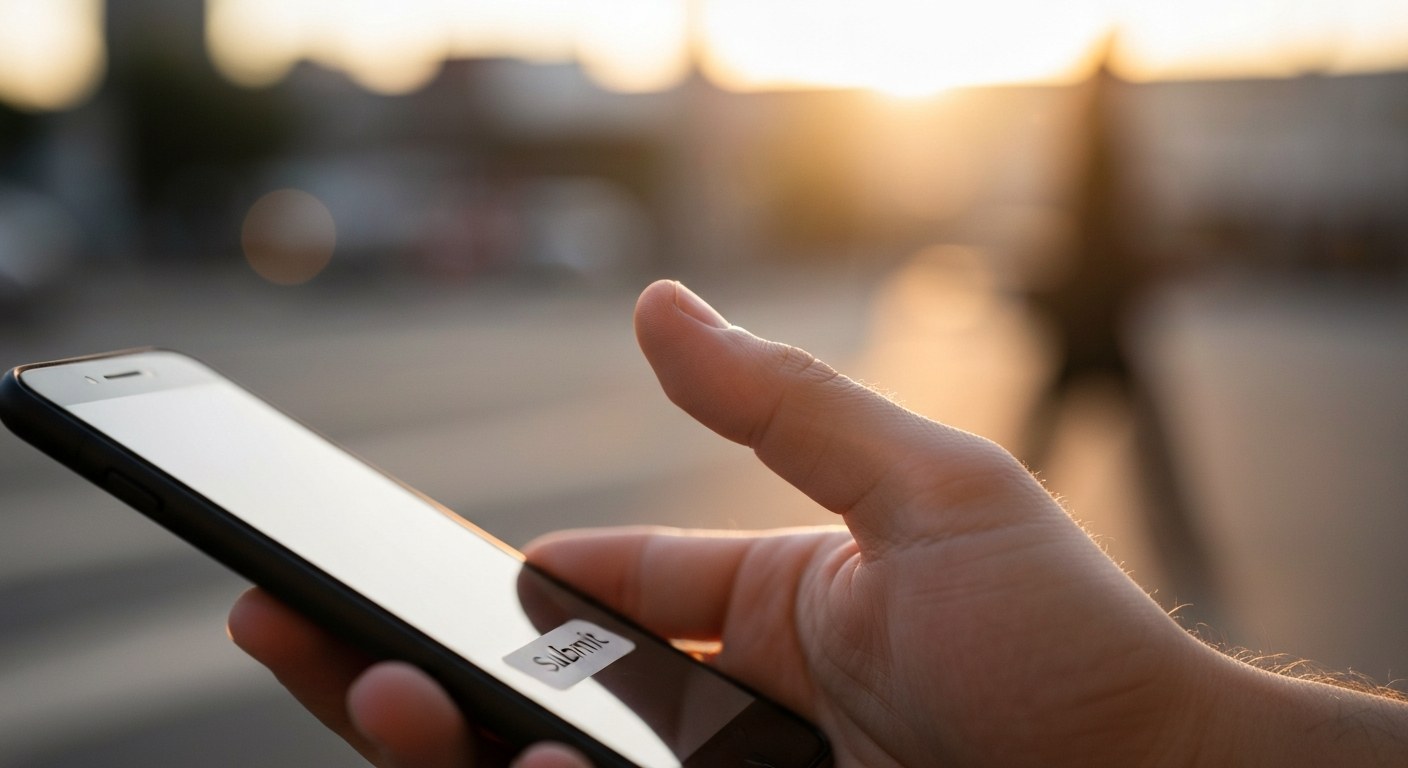 A person's hand about to press a submit button on a smartphone.
