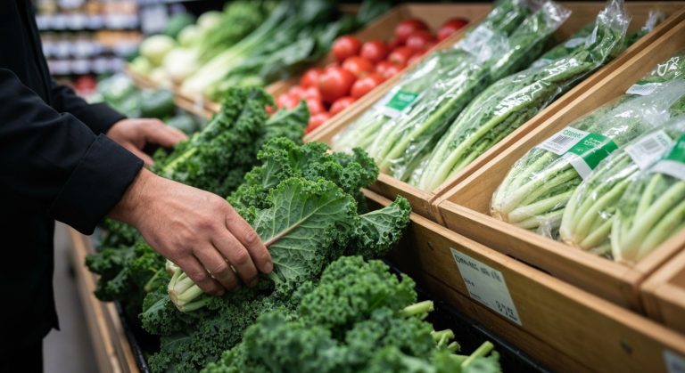 Store worker inspecting fresh kale in a produce section