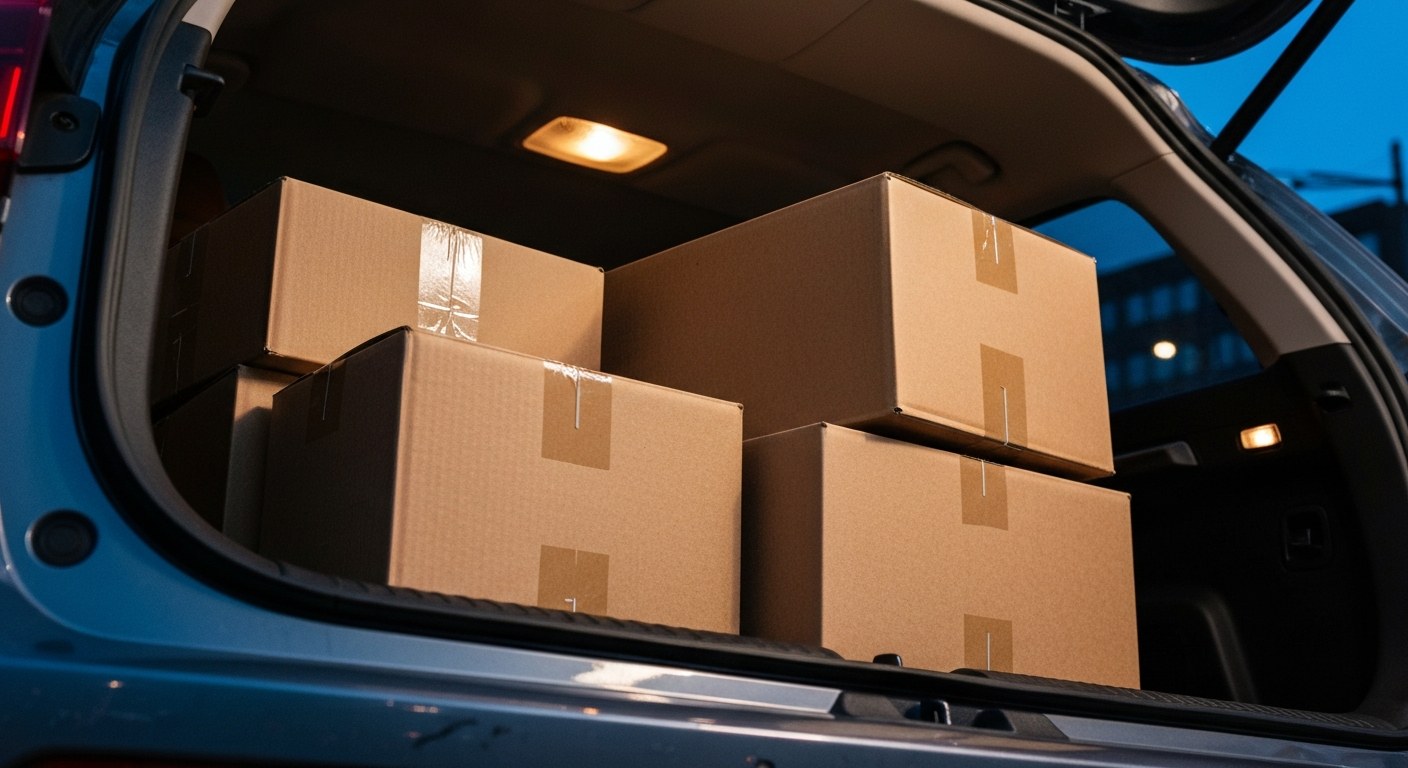 An open car trunk filled with various cardboard delivery boxes at night under a street lamp.