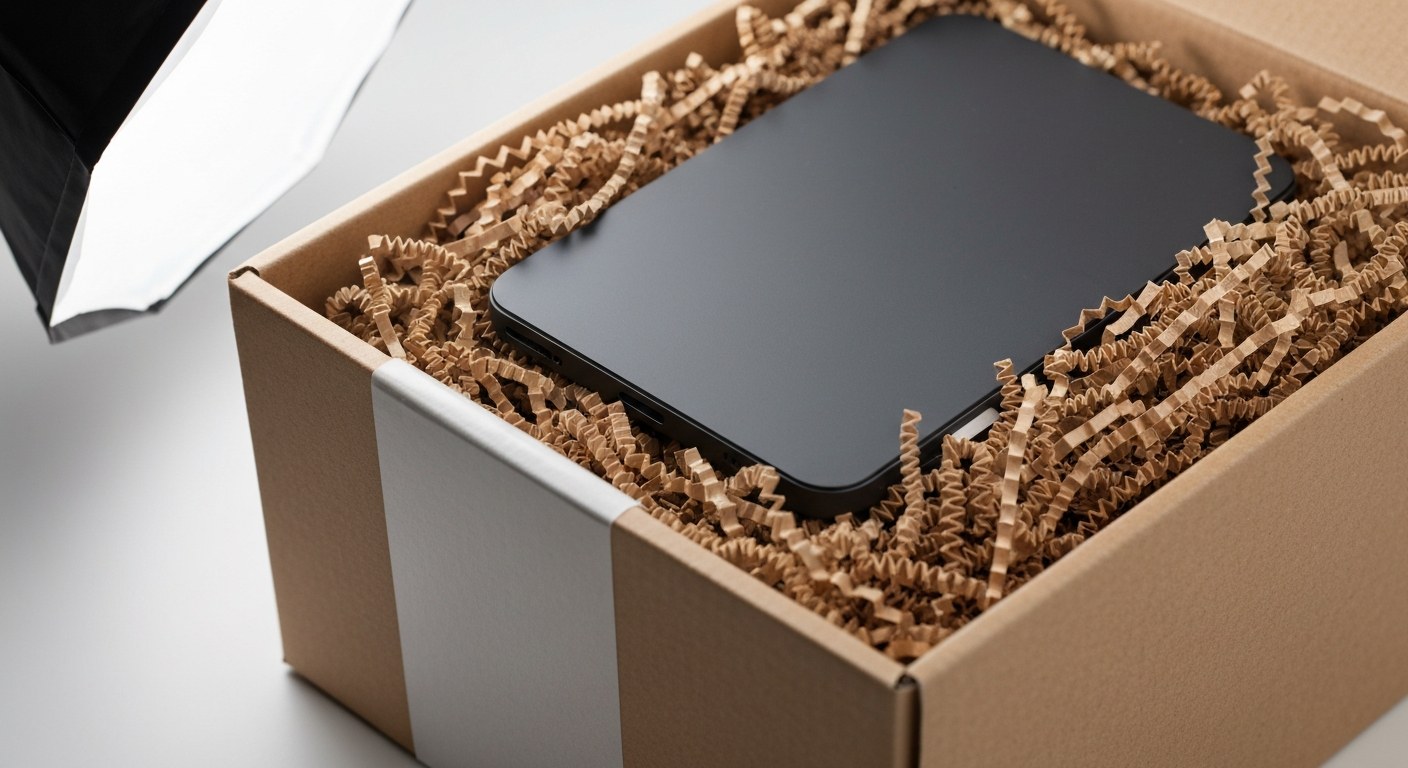 Close-up of a corrugated cardboard box filled with brown kraft paper void fill protecting an item for shipping.