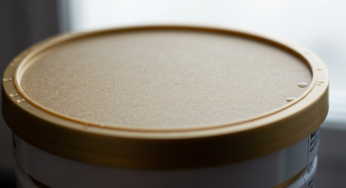 Extreme close-up of a baby formula canister lid showing the texture of sustainable plastic materials and a paper label.