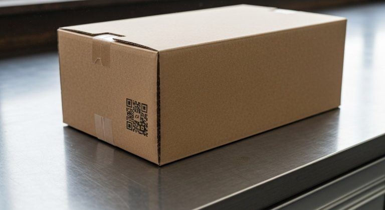 A close-up of a recycled cardboard shipping box on a steel workbench in a modern, brightly lit logistics facility.
