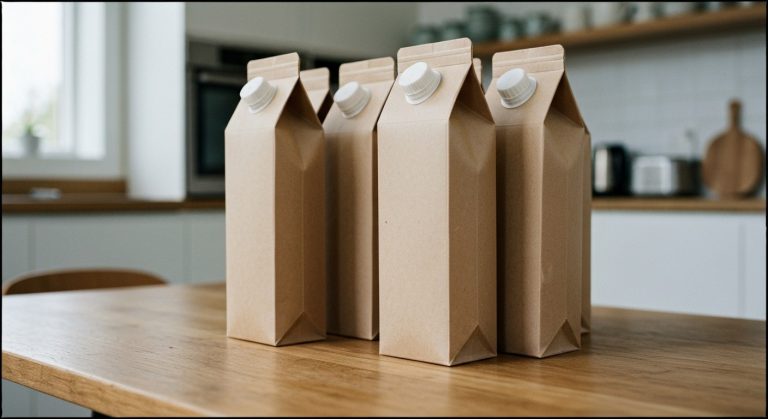 Several white gable-top beverage cartons made of textured recycled paper sitting on a sunlit wooden surface.