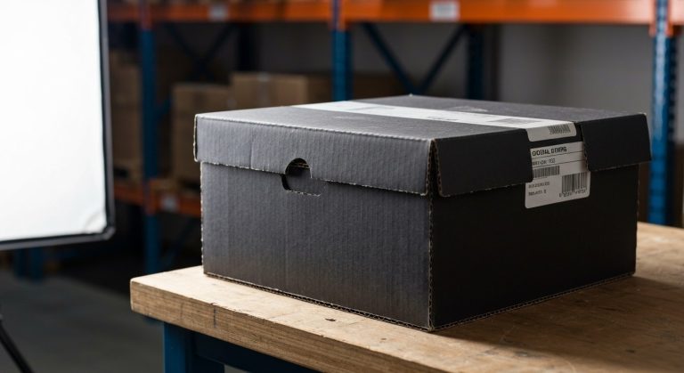 A close-up shot of a worn, matte-black logistics shipping box sitting on a wooden workbench in a warehouse.