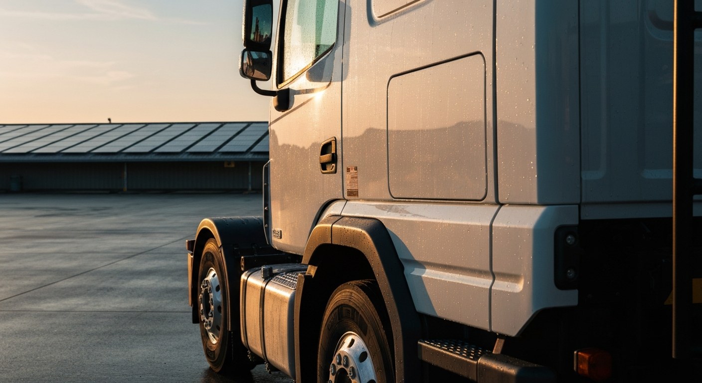Sustainable Warehouse Energy and Logistics An electric delivery truck at a loading dock with solar panels visible on the warehouse roof at sunset.