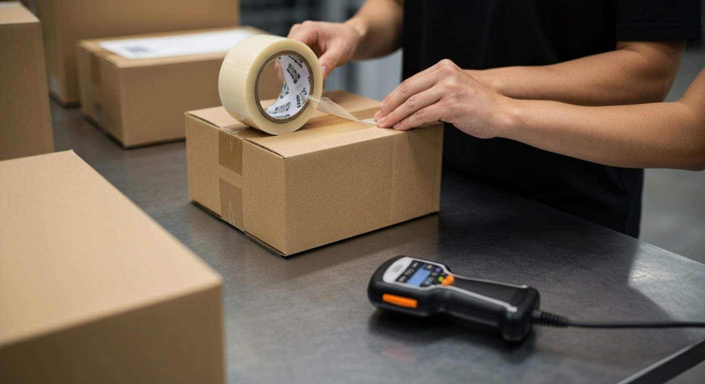 Sustainable Fulfillment Operations A worker sealing a cardboard box with paper tape at a modern, clean warehouse packing station.