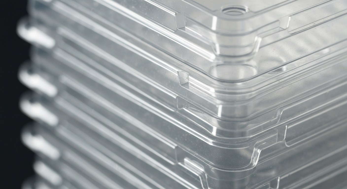 Close-up of clear recyclable plastic containers stacked together with soft studio lighting.