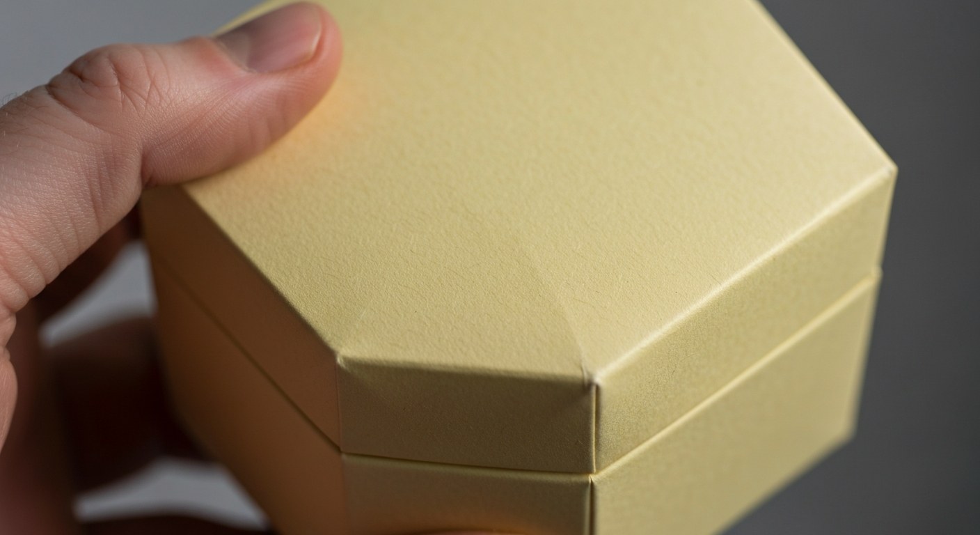 Close-up of a hand holding a yellow octagonal box made of textured recycled paper.