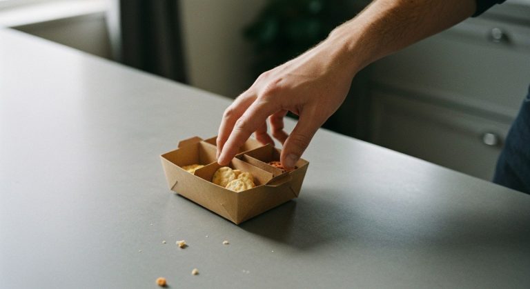 A close-up photo of a hand reaching for a snack tray with a cardboard sleeve on a modern grey countertop.