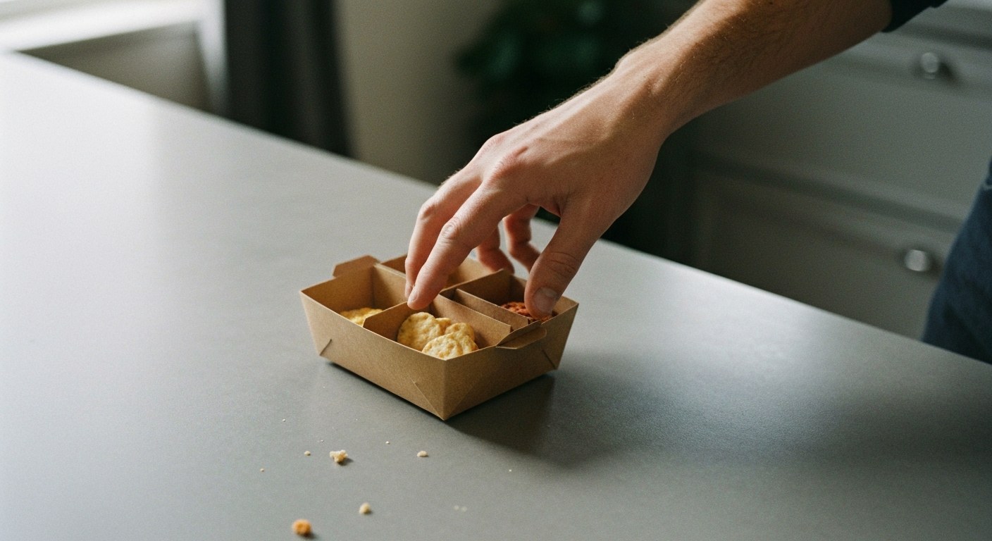 Modern Sustainable Snack Packaging Design A close-up photo of a hand reaching for a snack tray with a cardboard sleeve on a modern grey countertop.