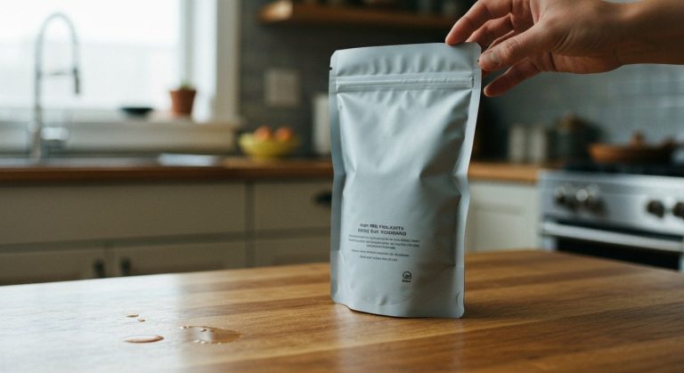 A matte grey refill pouch for supplements sits on a weathered wooden table in soft morning window light.