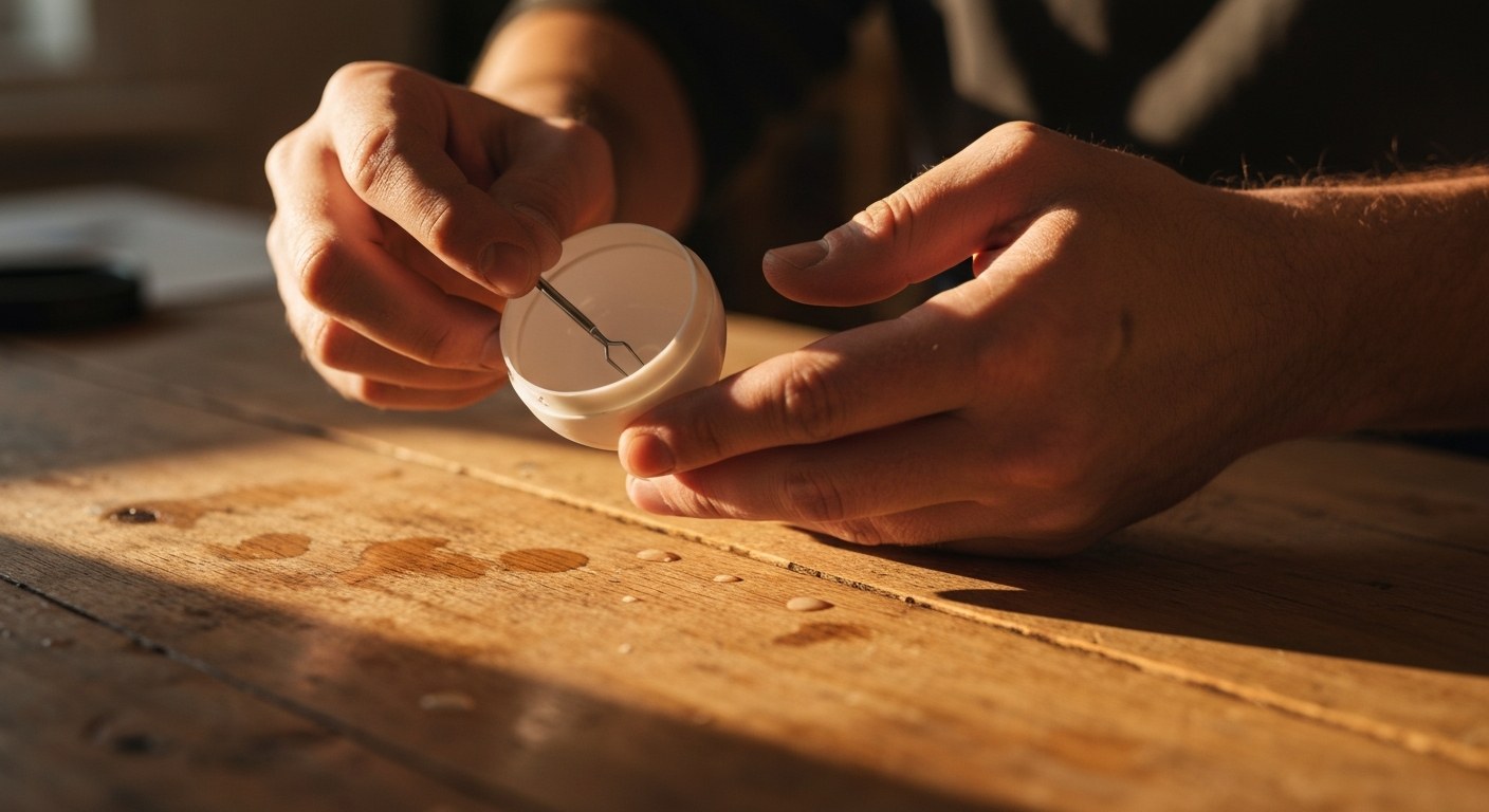 Close-up of human hands holding a white plastic toy sphere half on a rustic wooden table during a craft project.