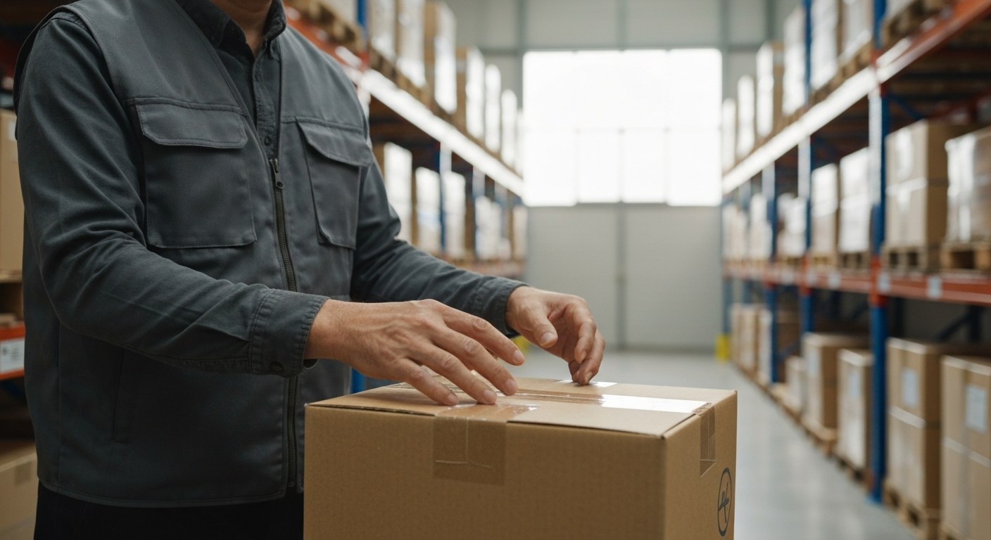 A logistics manager in a grey vest inspects a recycled cardboard box in a bright warehouse with industrial shelves.
