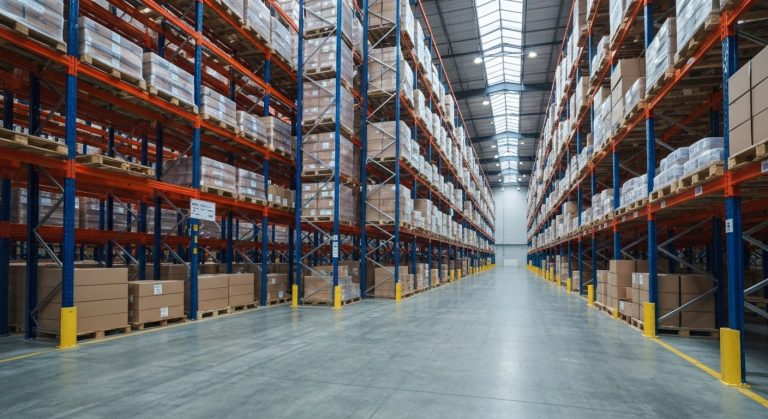 Wide interior view of a modern distribution warehouse with tall metal shelving and concrete floors under skylights.