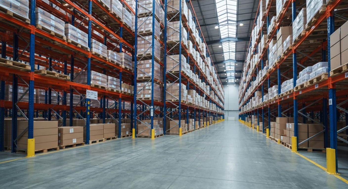 Wide interior view of a modern distribution warehouse with tall metal shelving and concrete floors under skylights.