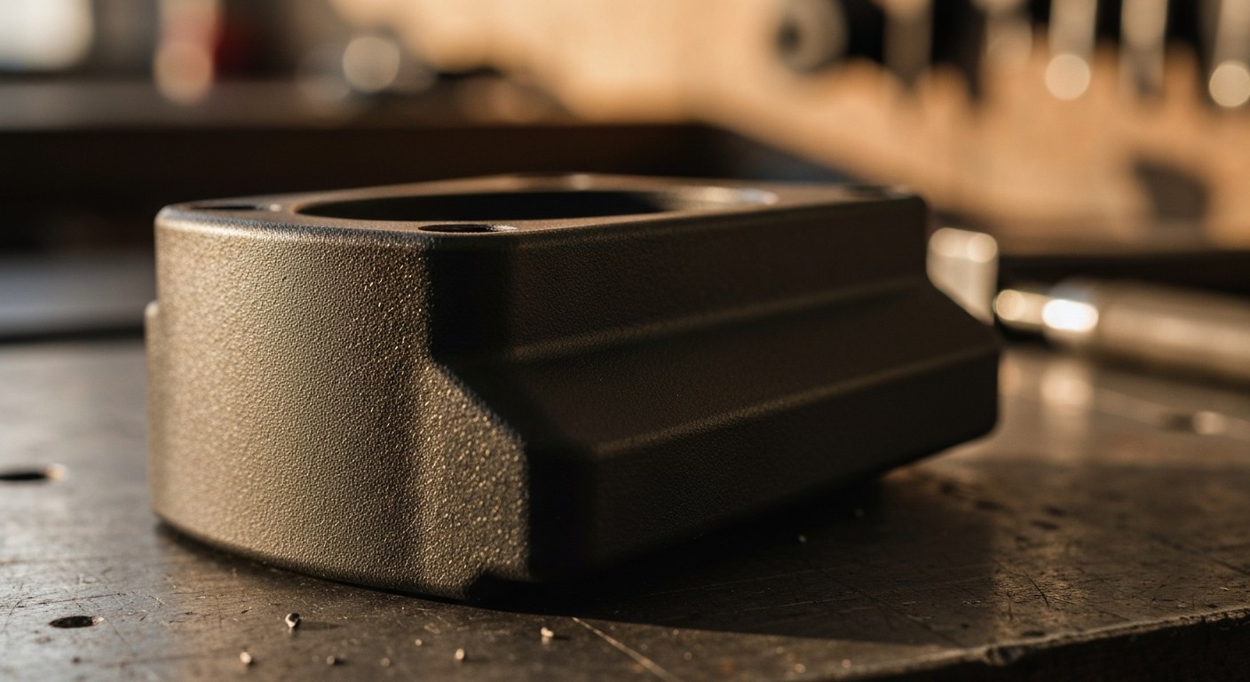 Authentic Tactical Equipment Detail Close-up of a matte black tactical accessory on a metal workbench with realistic textures and dust.