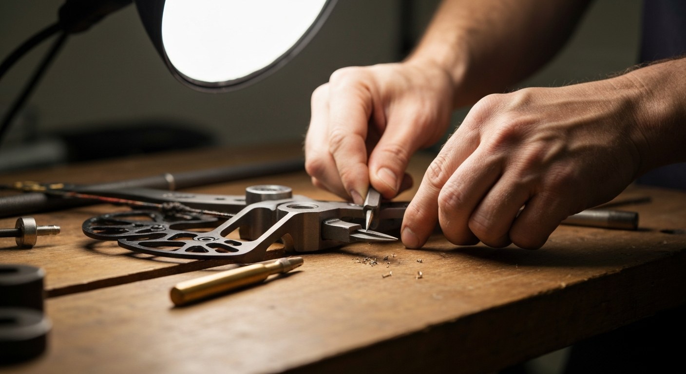 Professional Technical Services at Sportsmans A technician's hands working with precision tools on a compound bow at a professional workbench with shallow focus.