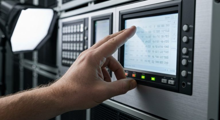 Close-up of a technician's hand interacting with a digital power control screen on a metal distribution panel.