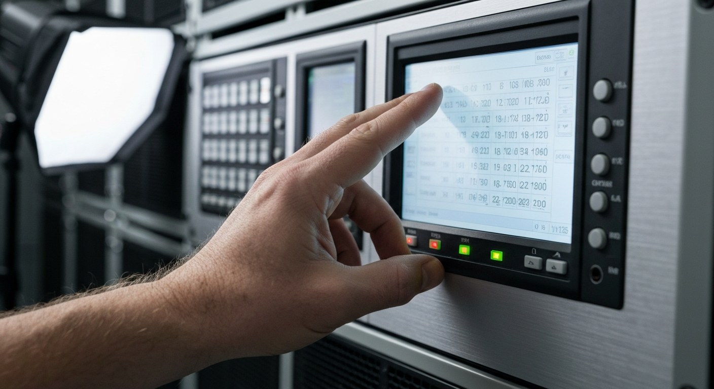 Close-up of a technician's hand interacting with a digital power control screen on a metal distribution panel.