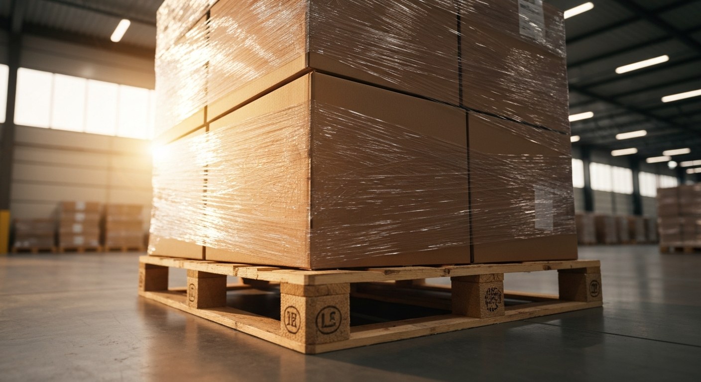 Stacked cardboard boxes on a wooden pallet wrapped in plastic film inside a sunlit warehouse.