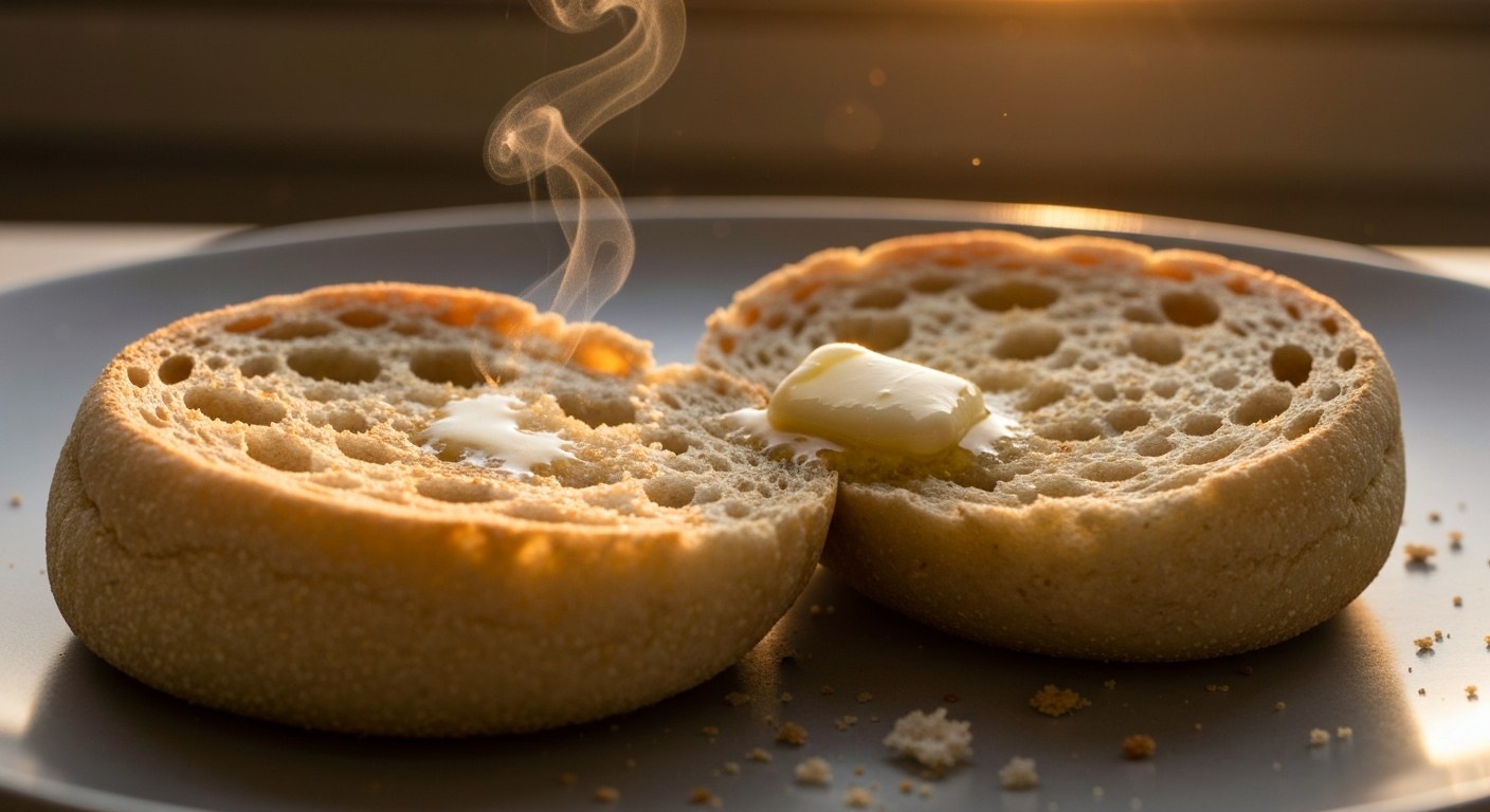 A toasted English muffin with melting butter and steam, highlighting its signature porous texture.