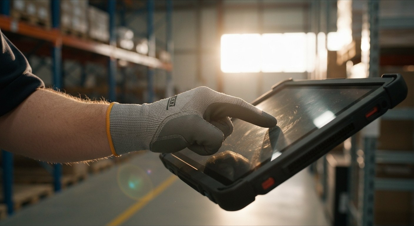 A gloved hand tapping a rugged digital tablet screen inside a sunlit warehouse.