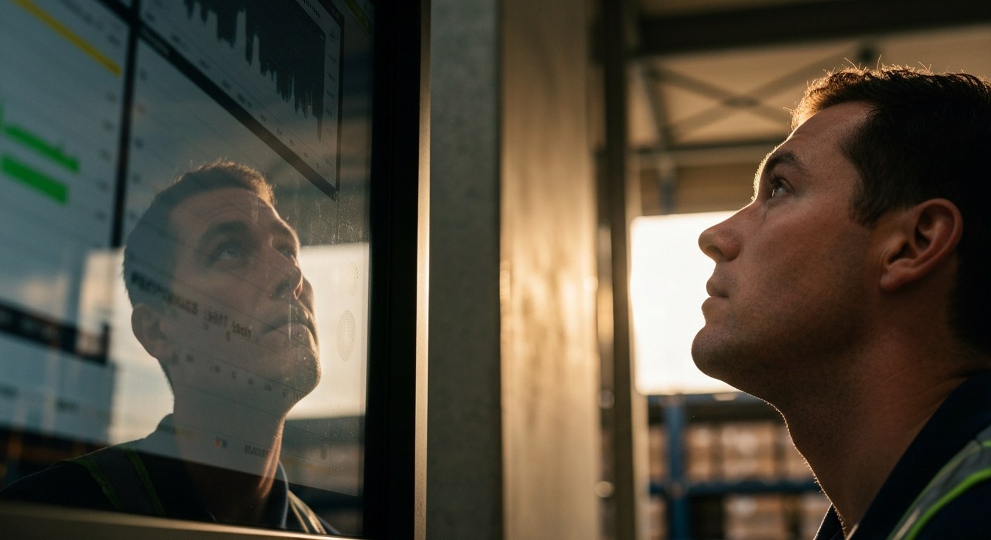 Warehouse worker observing a digital performance monitor in a breakroom setting.