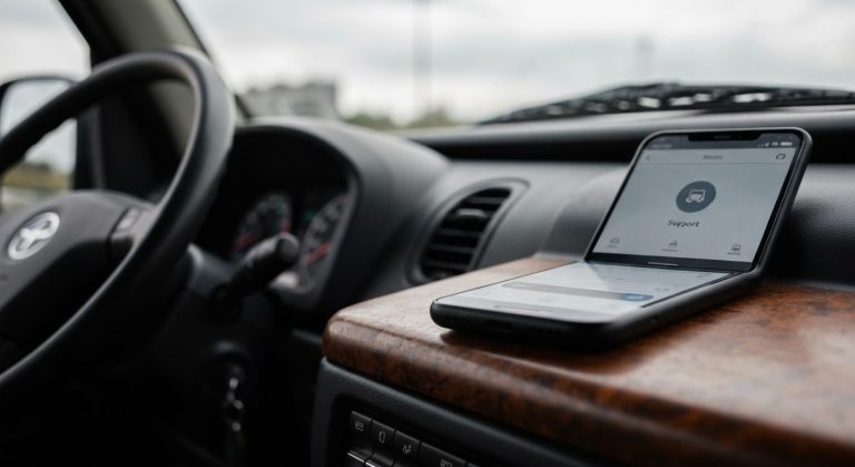 Smartphone resting on a delivery vehicle dashboard showing a driver support menu interface.
