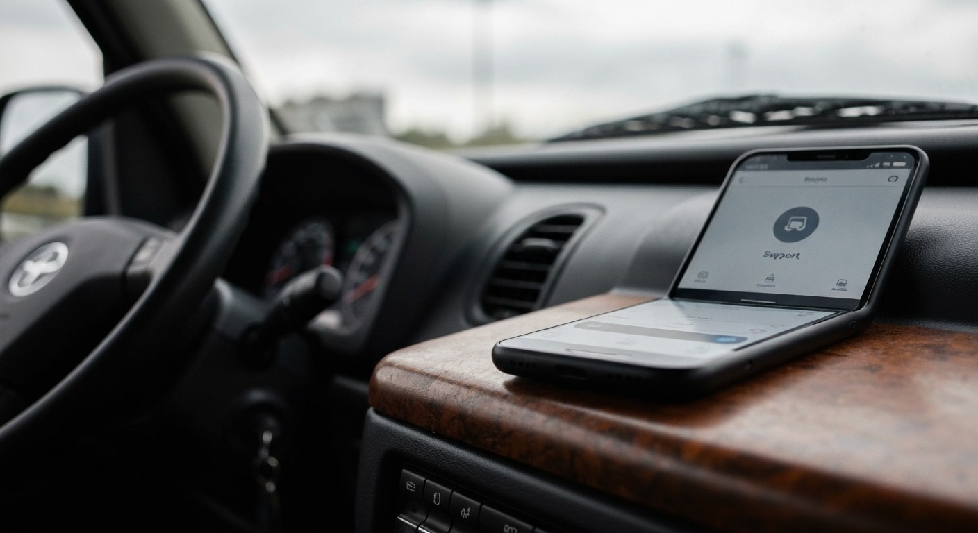 Smartphone resting on a delivery vehicle dashboard showing a driver support menu interface.