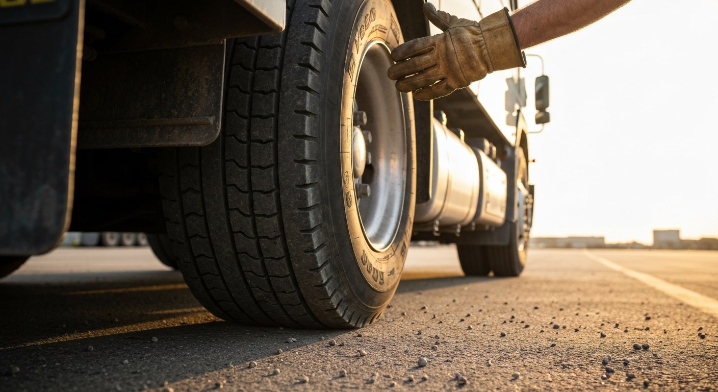 Transportation Execution at a Busy Distribution Center Close-up of a transport truck tire and a driver's gloved hand at a loading dock during sunset.