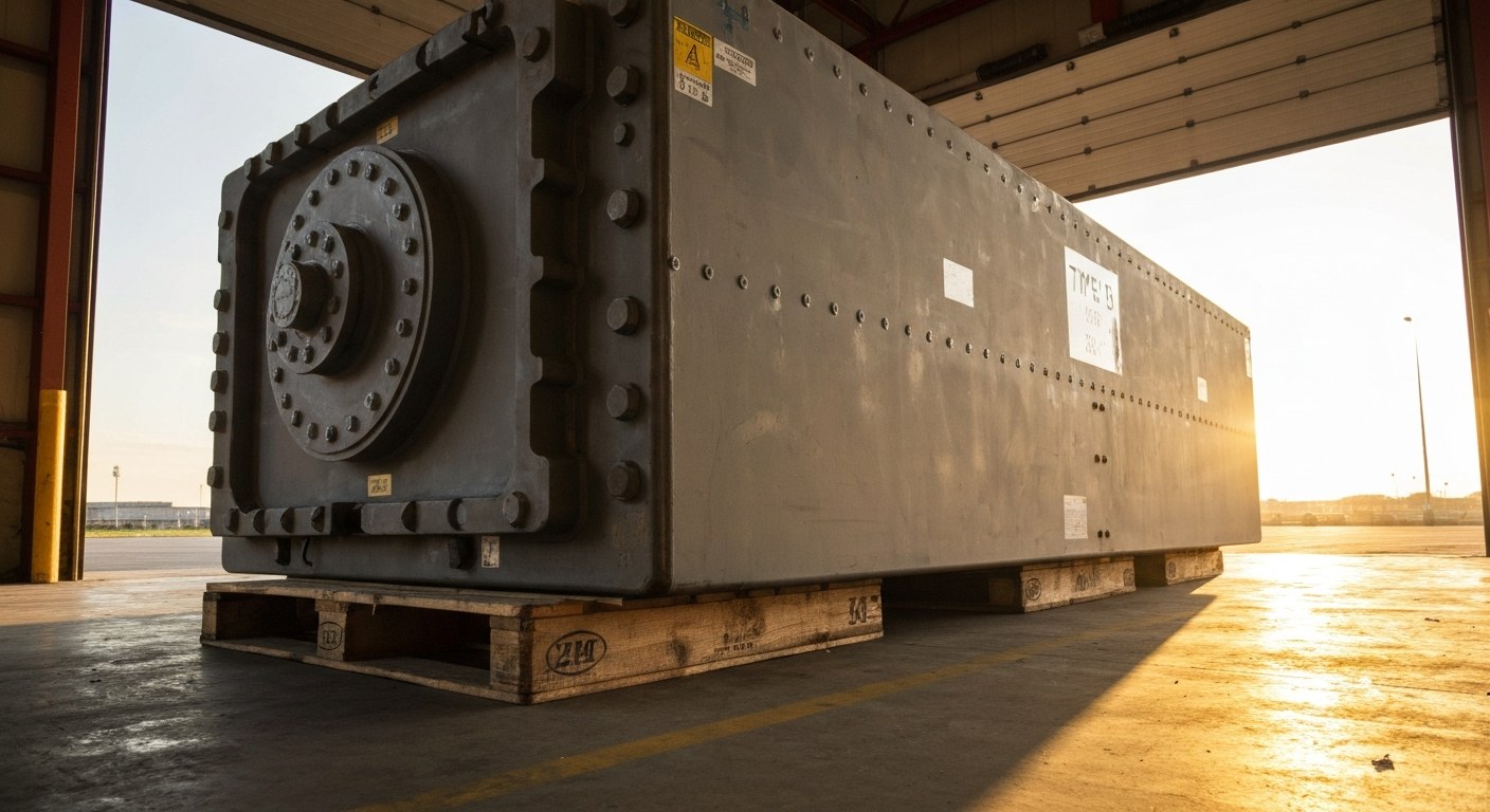 Type B Nuclear Waste Transport Cask A large industrial Type B radiation transport cask sits on a wooden pallet inside a sunlit warehouse.