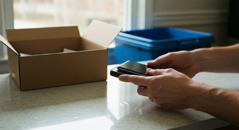 A person's hands holding an unboxed electronic device over a kitchen counter with a flattened shipping box in a recycling bin.