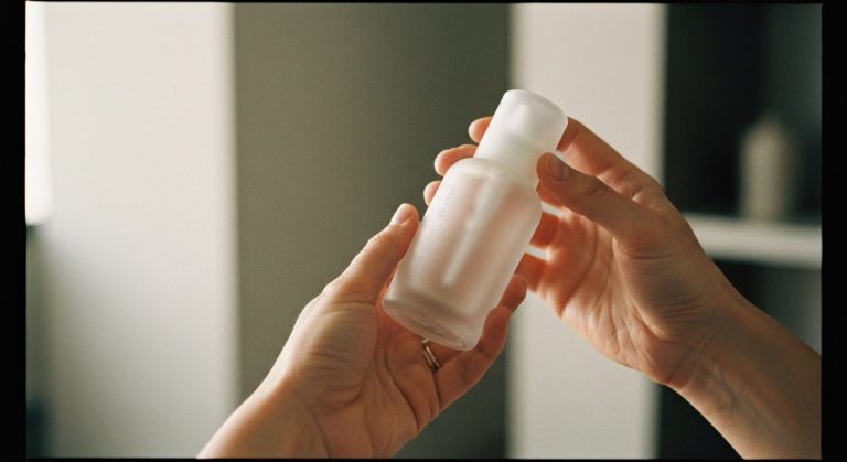 Sephora Return Policy Without Packaging (Hidden Rules) 3 Close-up of hands holding a frosted glass cosmetic bottle without any cardboard packaging against a blurred neutral background.