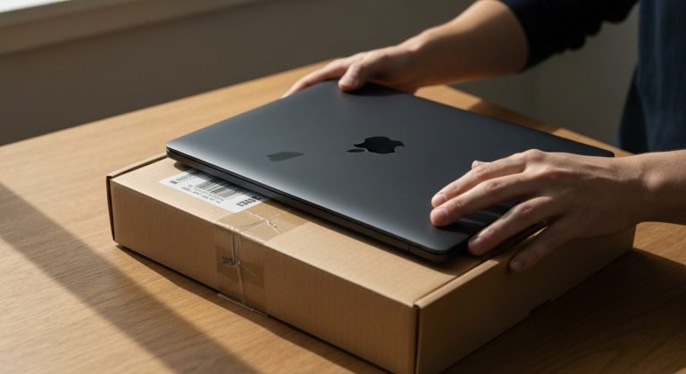 How to Buy From Amazon Warehouse (Stop Overpaying) 4 Close-up of hands lifting a sleek black laptop out of an open cardboard shipping box on a wooden table.